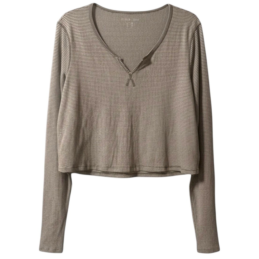 American Eagle Top Brown Striped Henley Cropped Cozy Minimalist, Soft Girl XXL